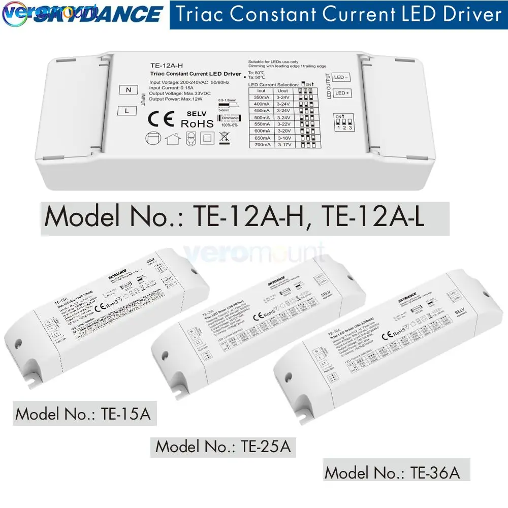 

Skydance Triac Dimming Driver TE-15A/25A/36A 2020V Input Output 12 15 25 36W 150-1200mA Constant Current Triac Dimmable Driver