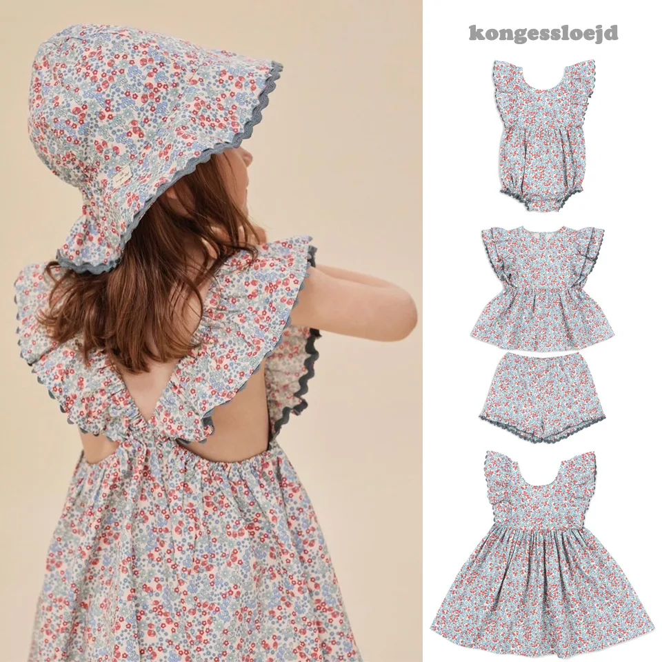 

KS 2024 New Summer Kids Dress for Girls Cute Flower Print Short Sleeve Princess Dresses