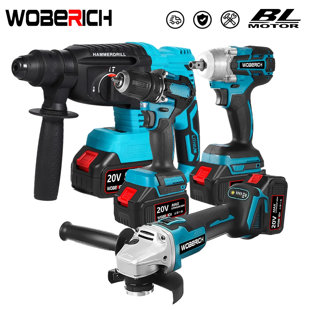 

Brushless Combo Kit Power Tool Sets Electric Drill+Impact Wrench+Angle Grinder+ Electric Hammer Drill With 2xBattery For Makita