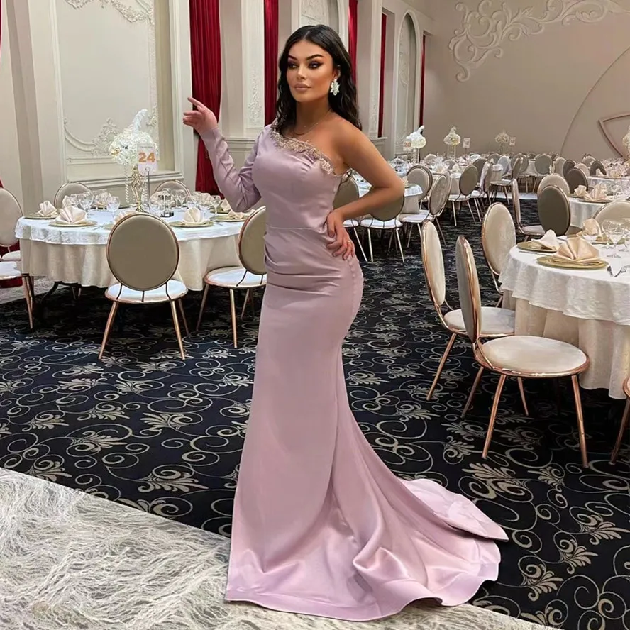 

Merida One-Shoulder Prom Dresses Mermaid Long Sleeves High Slit Satin Court Train Lavender Elegant Party Dresses For Women 2024