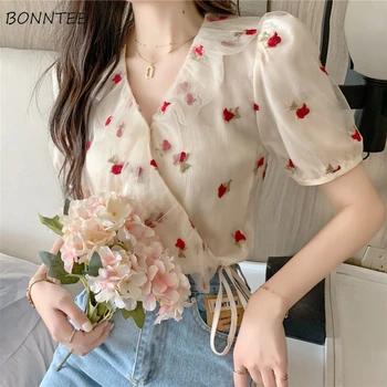 Brincos Exclusivos e Delicados: Um Toque de Elegância e Estilo 7 French Style Blouses Women Thin Floral Sweet Elegant Bandage Design Popular Fashion Soft Tender Office Young Ladies Stylish Chic