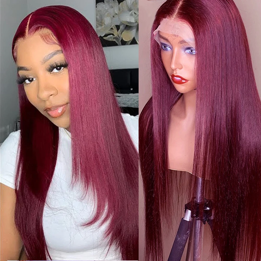 

30 Inch 99J Burgundy Layered Cut Straight Lace Front Wig Synthetic 13X4 Transparent Lace Frontal Wig Pre Plucked With Baby Hair