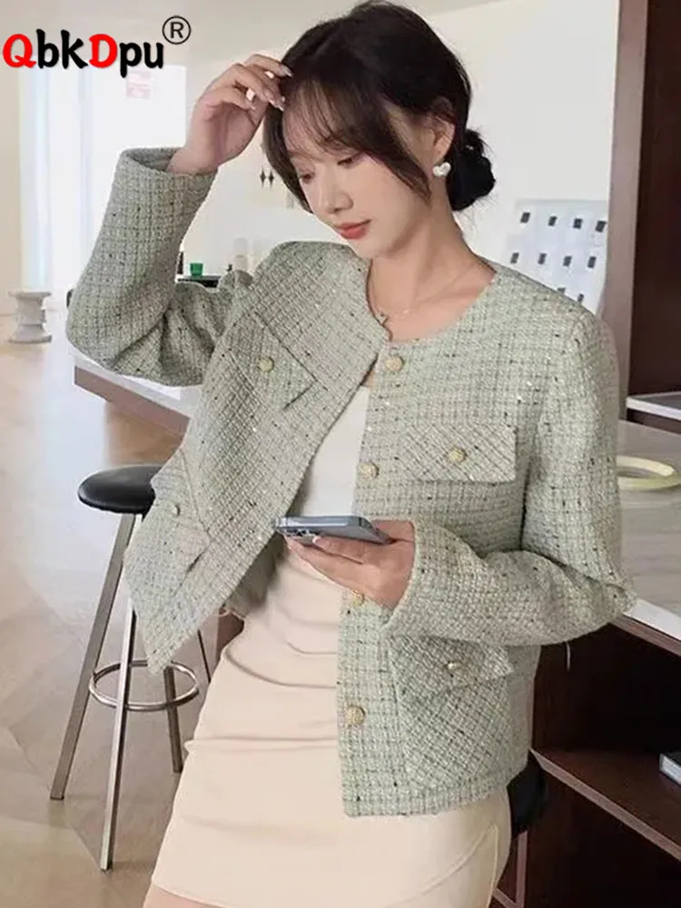 

Korean O-neck Tweed Single Breasted Coats Tops Women Casual Woolen Long Sleeve Abrigos Spring Fall Chic Short Wool Blend Jackets