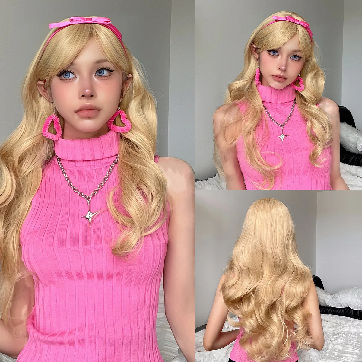 

SNQP 26inches Blonde Long Curly Wig with Bangs New Stylish Hair Wig for Women Daily Cosplay Party Heat Resistant Natural Looking