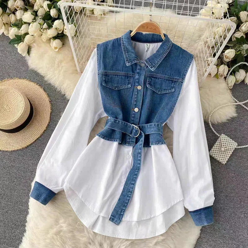 Vintage Patchwork Denim Blouse With Belt Women Long Sleeve Spring Autumn Korean Fake Two Piece Tops Jeans Shirts
Vintage Patchwork Denim Blouse With Belt Women Long Sleeve Spring Autumn Korean Fake Two Piece Tops Jeans Shirts