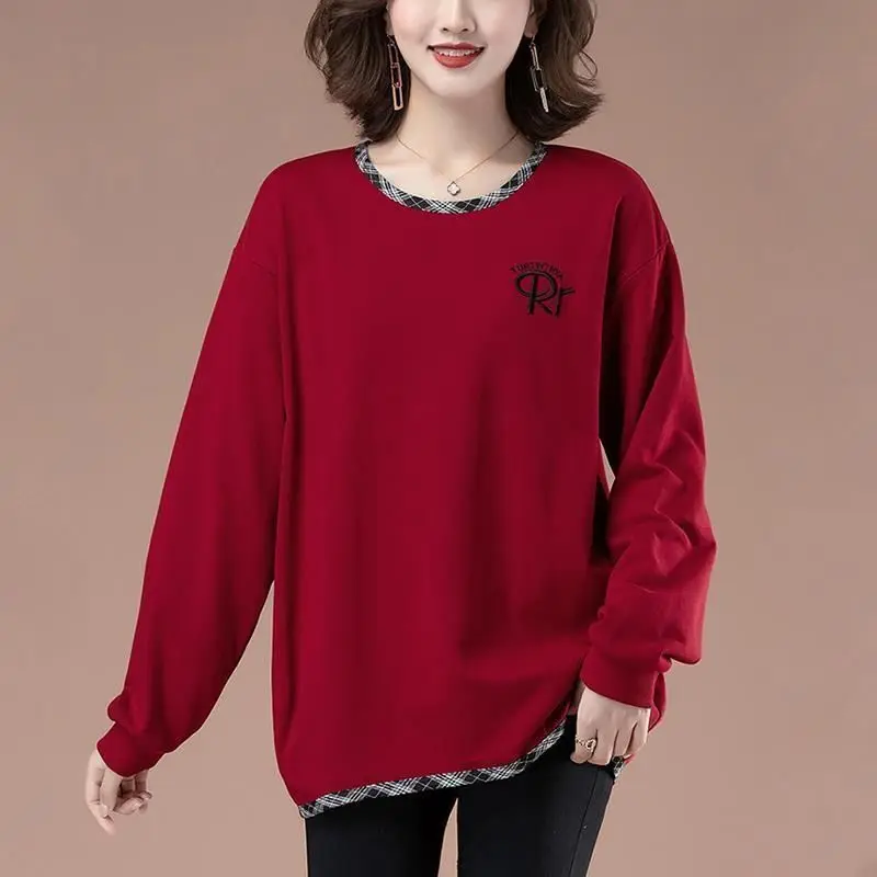 

Fashion Spliced Lattice Embroidery Letter T-Shirt Women's Clothing 2022 Autumn New Oversized Casual Tops Loose Korean Tee Shirt