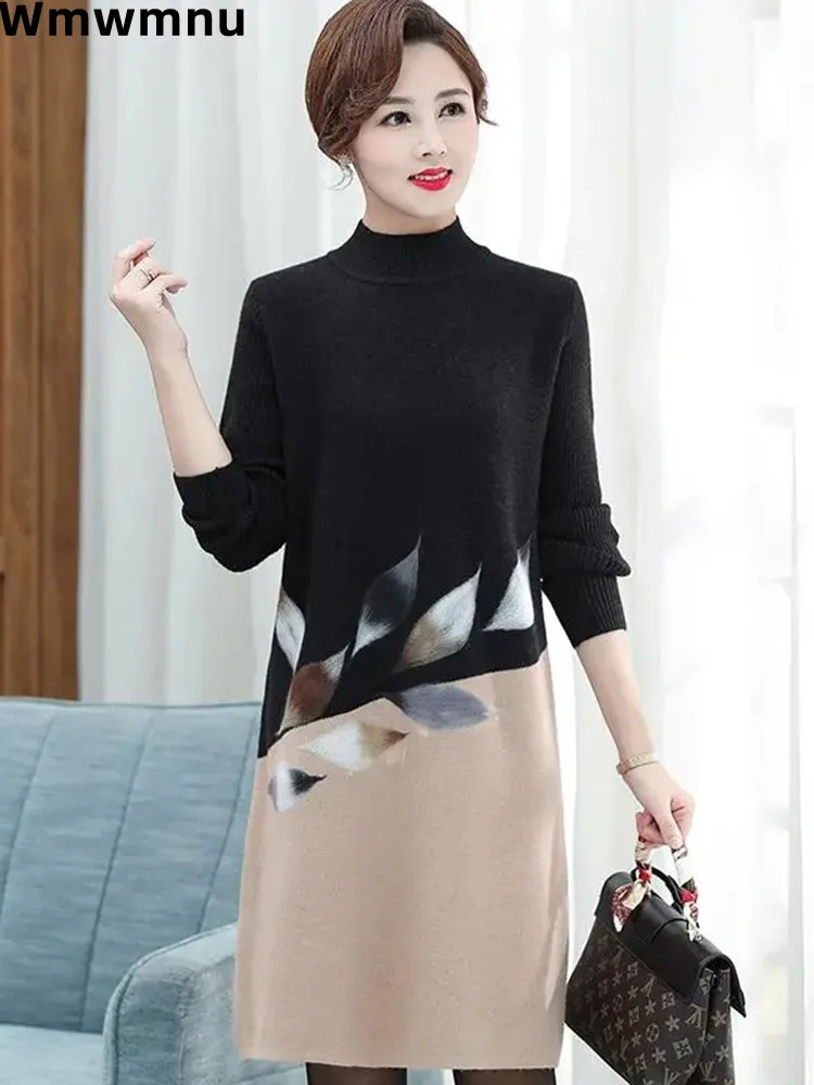 

6XL Casual Printed Knitted Dresses Soft Sweater Dress Women Fall Winter Warm Half Turtleneck Knee Length Dress Plus Size