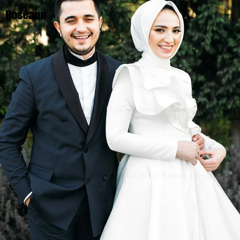 

Muslim 2024 A-line Wedding Dresses High Collar Flowers Pearls Draped Pleat Floor Length Bride Dress Brush Train robe de mariée