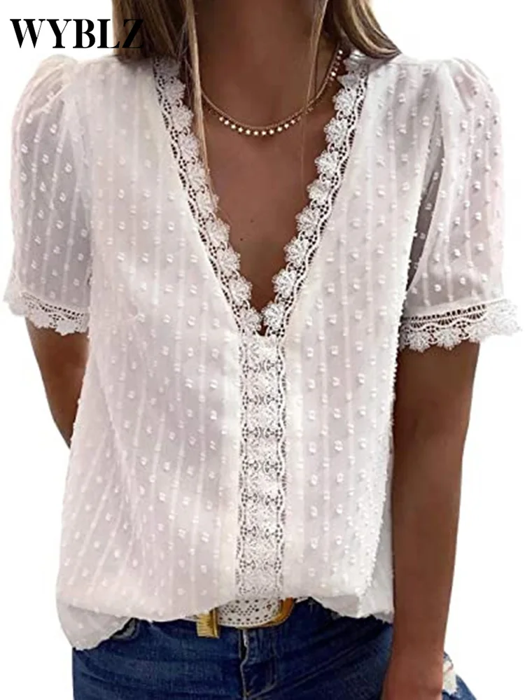 

WYBLZ Sexy Deep V Neck Chiffon Shirt Women Blouses Summer Embroidered Lace Short Sleeve Tops Women Casual Jacquard Pom Shirts