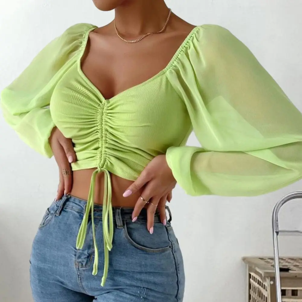 

Stretchy Women T-shirt Chic Streetwear Women's V-neck Cropped Tops With Lantern Sleeves Chiffon Lace-up Slim Fit Blouse Women