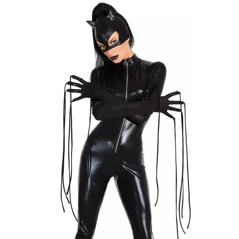 

Halloween Sexy Mask Cat Women Cosplay Costumes Black Stretch PVC Clubnight Jumpsuits Size M&XL Bodysuits Adult