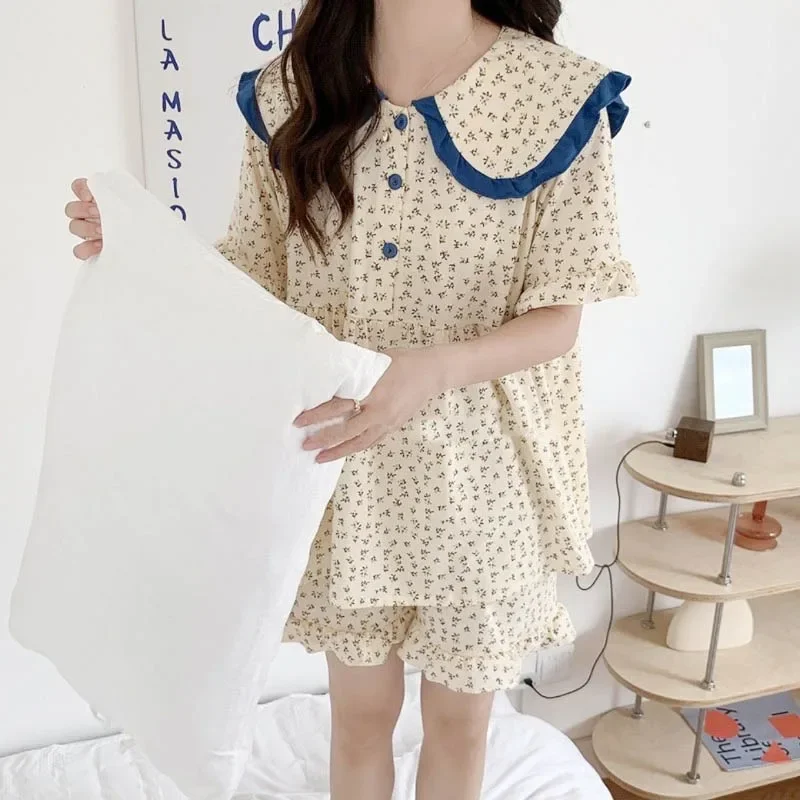 

Korean Sleepwear Women Peter Pan Collar Pajama Sets Short Sleeve Piiama Summer Set 2 Pieces Floral Sleeping Home Suit Night Wear