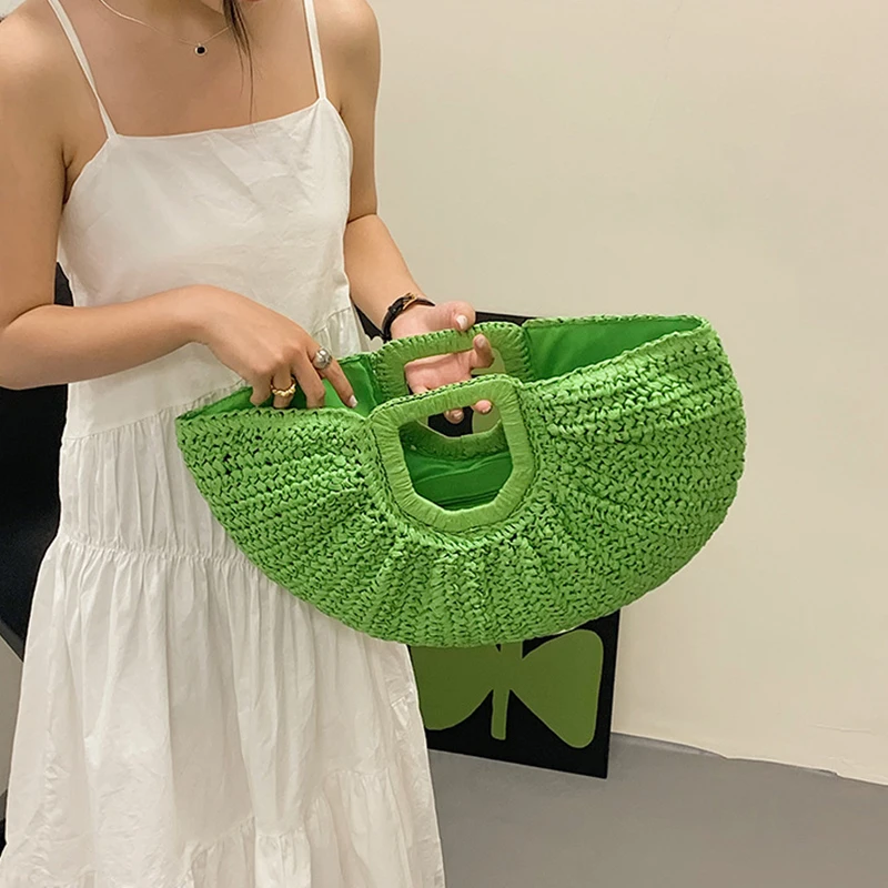 Half-Moon Woven Straw Handbag - Wooden Handle Beach Shopping Basket 3 S1ab8426e65324e97b7dce6979dbe8d486
