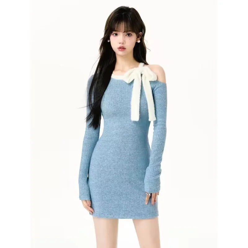 Women Dress Long Sleeve Autumn Winter Bow Off Shoulder Knitted Blue Sexy Bodycon Short Dress vestidos
Women Dress Long Sleeve Autumn Winter Bow Off Shoulder Knitted Blue Sexy Bodycon Short Dress vestidos