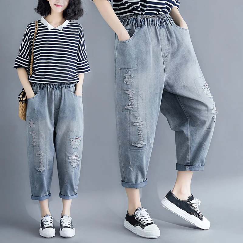 

Harem Pants Jeans Korean Women's Clothes Scratched Ripped Binding Loose Elastic High Waist Vintage Mujer Female Denim Trousers