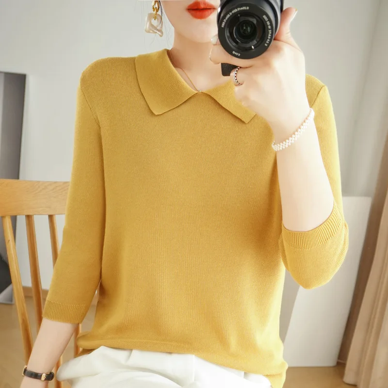 

POLO Collar Women's Knitted Sweater Cashmere Blend Autumn And Winter New Solid Color Simple Inner Slimming And Age-reducing Top