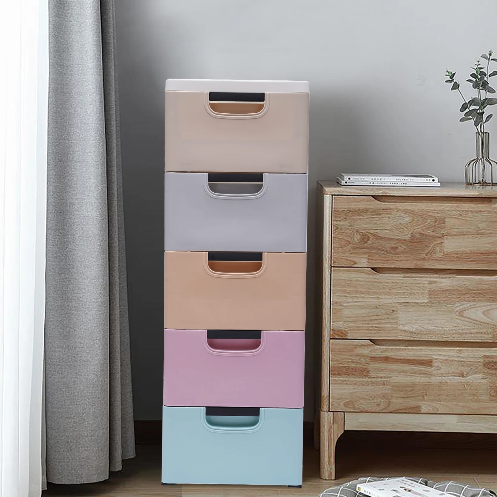 

Slim Storage Chest Plastic Narrow Drawers Storage Cabinet 5 Drawer Vertical, Clothes Storage Tower Tall Small Chest Closet