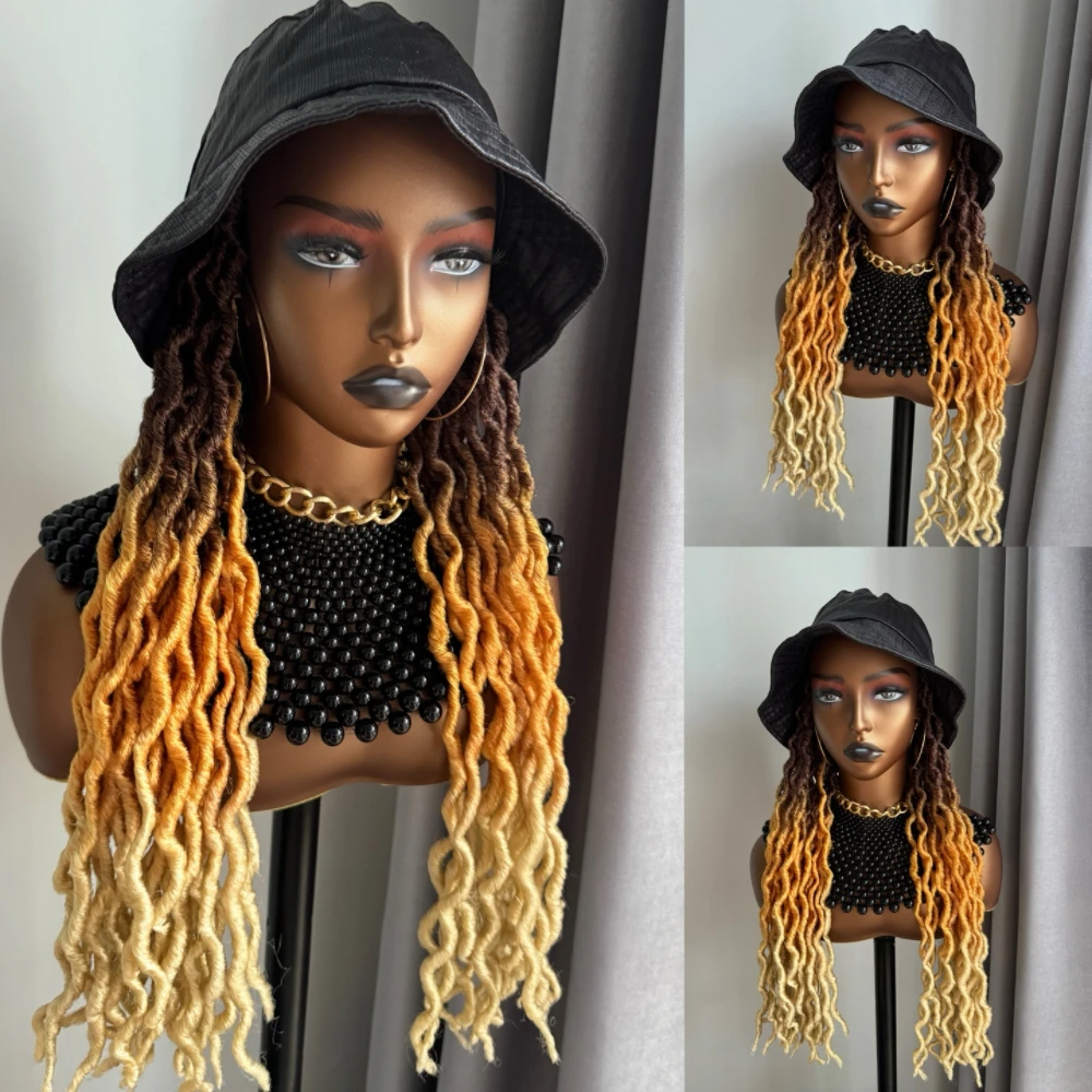 

WIGERA Goddess Faux Locs Ombre With Bucket Hat Soft Gypsy Braids With Cap Dreadlocks 3 Tone Curly Wavy Twist Braiding Extensions