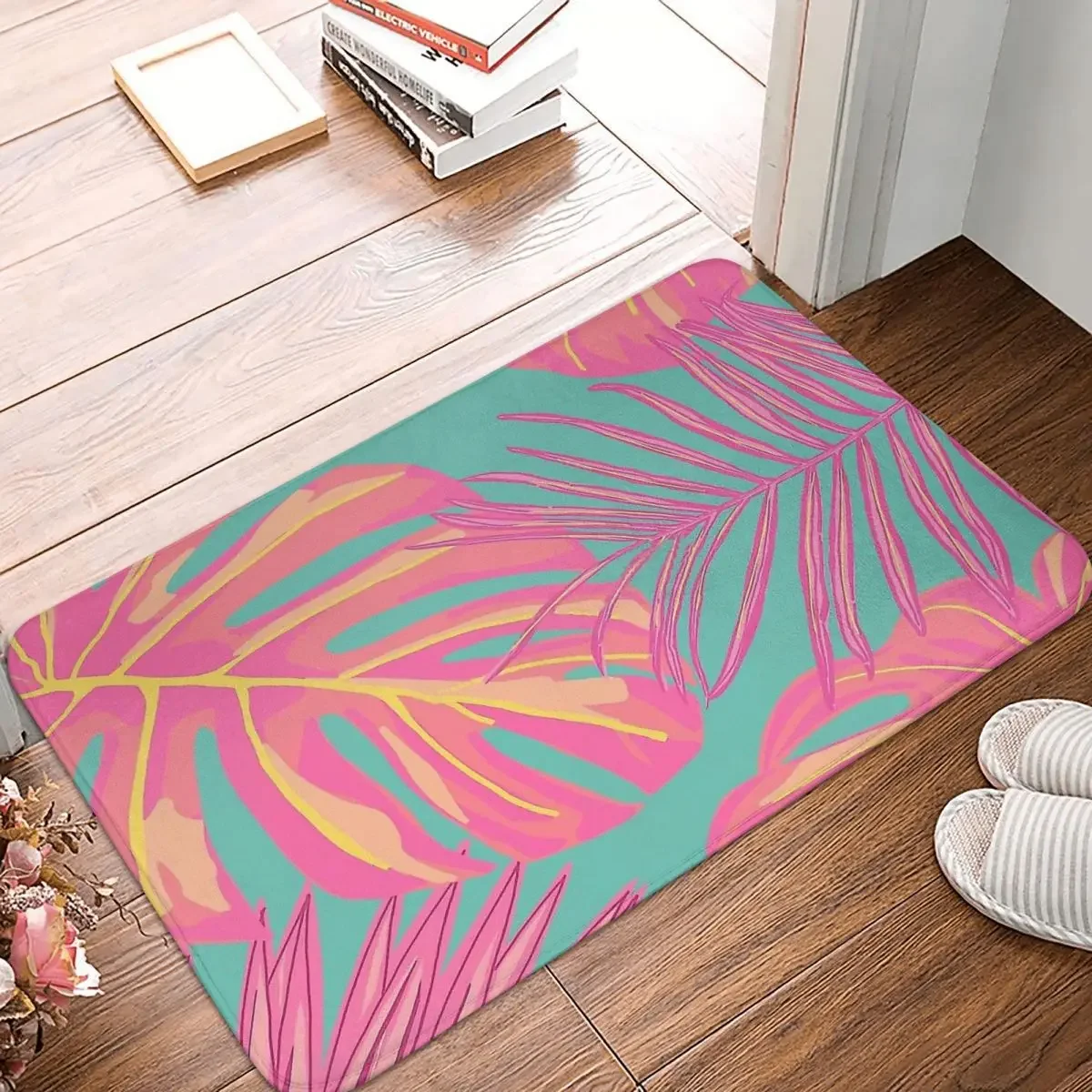 

Tropical Leaves Beach Non-slip Doormat In Pink And Turquoise Carpet Bath Kitchen Mat Welcome Flannel Decorative