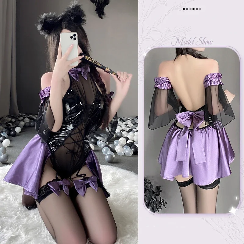 

Genshin Impact Fischl Cosplay Halloween Maid Dress Nightwear Lolita Girls Backless Halter Latex Leather Bodysuit Lingerie Set