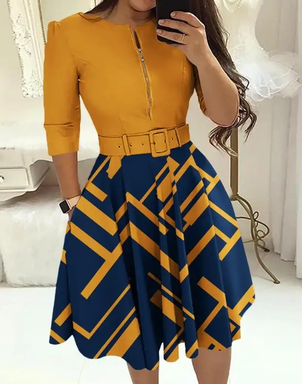 

Women Commuter Dress 2024 Early Spring Latest Round Neck Geometric Print Colorblock Zipper Ruched Design A Line Dress with Belt