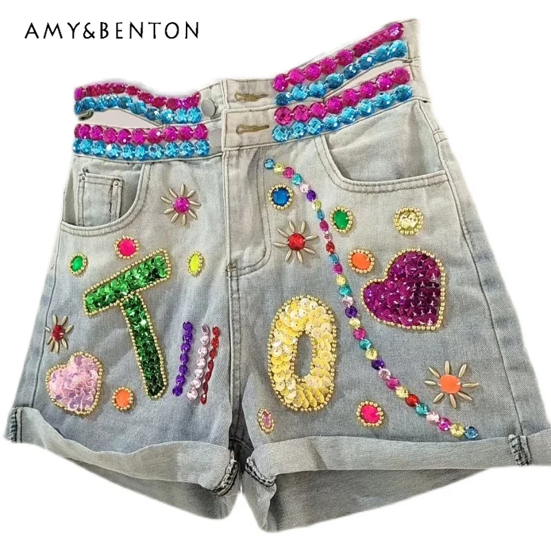 

Thai Fashion High-End Colorful Crystals Stitching Denim Western Style Slim Fit All-Match Summer Baggy Jeans Women's Short Pants