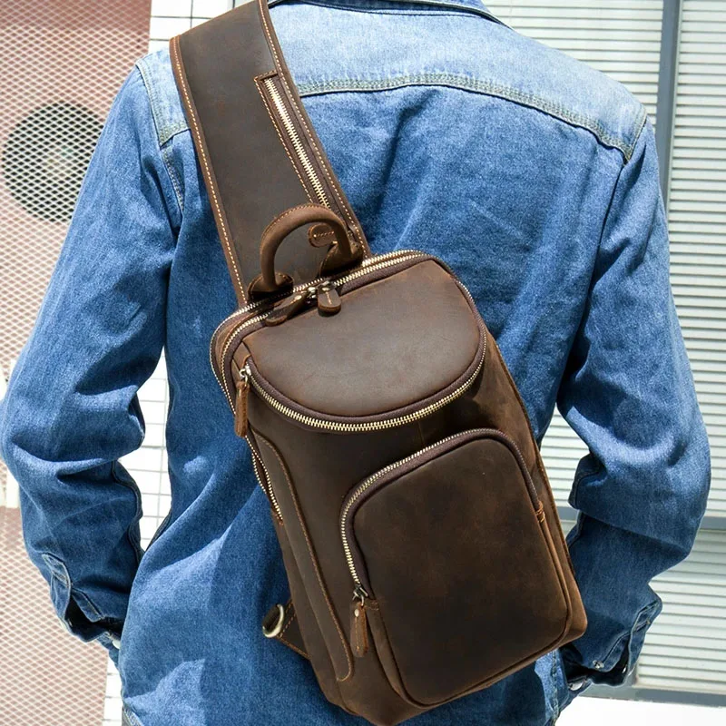 

Casual Genuine Leather Chest Bag Pack Men iPad Mini Cow Leather Shoulder Bags Male Anti Theft Crossbody Summer Sling bags