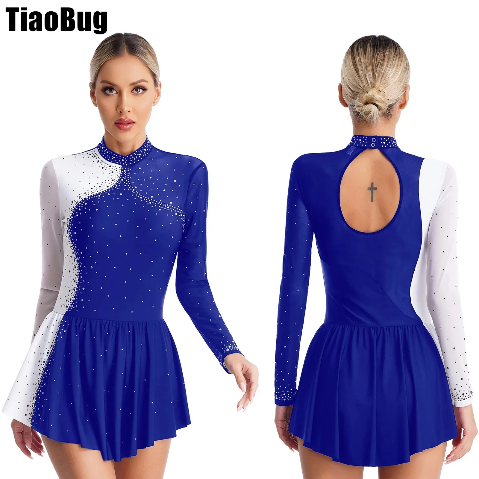 

Womens Figure Skating Dance Dress Sparkly Rhinestone Contrast Color Sheer Mesh Patchwork Long Sleeve Mock Neck Dresses