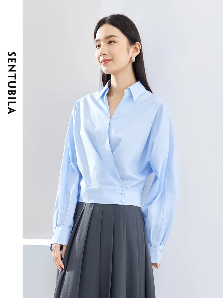 

SENTUBILA V-neck Casual Short Loose Blue Shirt 2024 Batwing Sleeve Polo Collar Spring Shirts & Blouses Womens Tops 141C52887