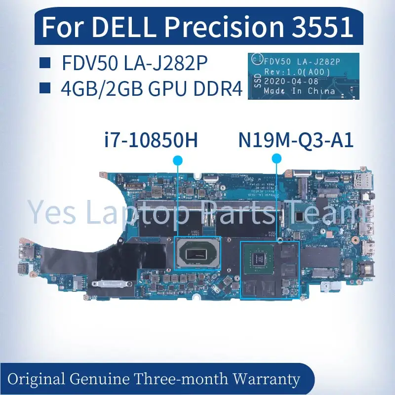 

For DELL Precision 3551 Laptop Mainboard FDV50 LA-J282P 033T3Y 039YDX 045C54 0JNTPG 0DTTXF 0M21VD DDR4 Notebook Motherboard Test