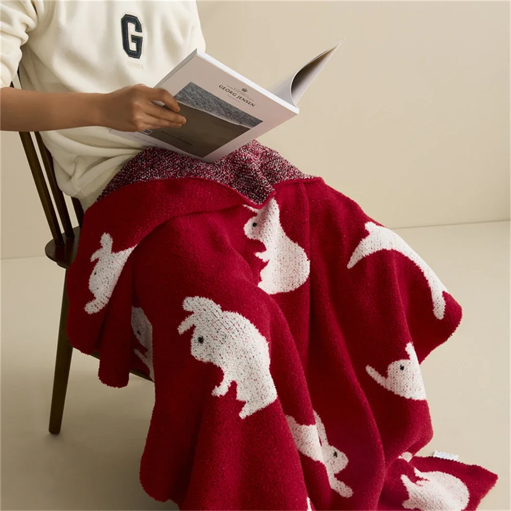 

Cartoon Rabbit Knitted Blanket Sofa Red Blankets For Beds Bedroom Decorative Tapestry Office Nap Travel Camping Throw Blanket