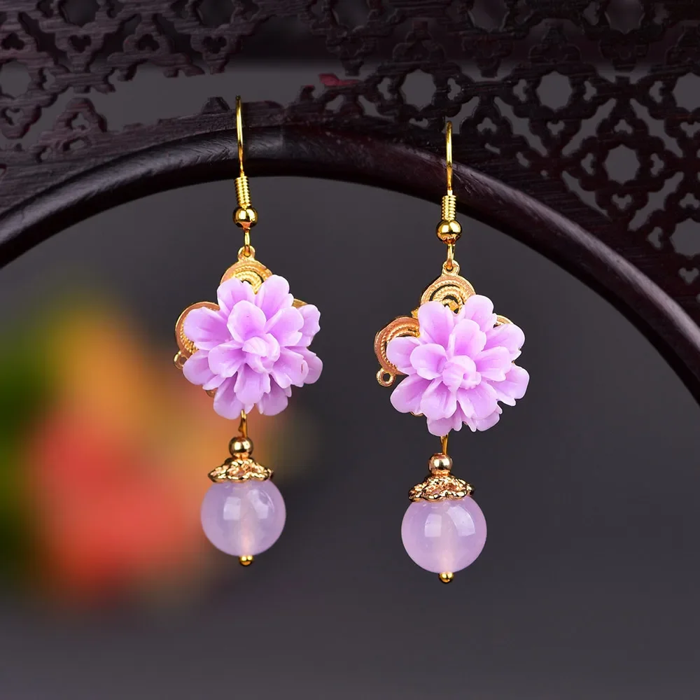 

Purple Jade Flower Earrings Gifts Gemstone Stone 925 Silver Luxury Carved Gift Accessories Jewelry Charms Women Charm Natural