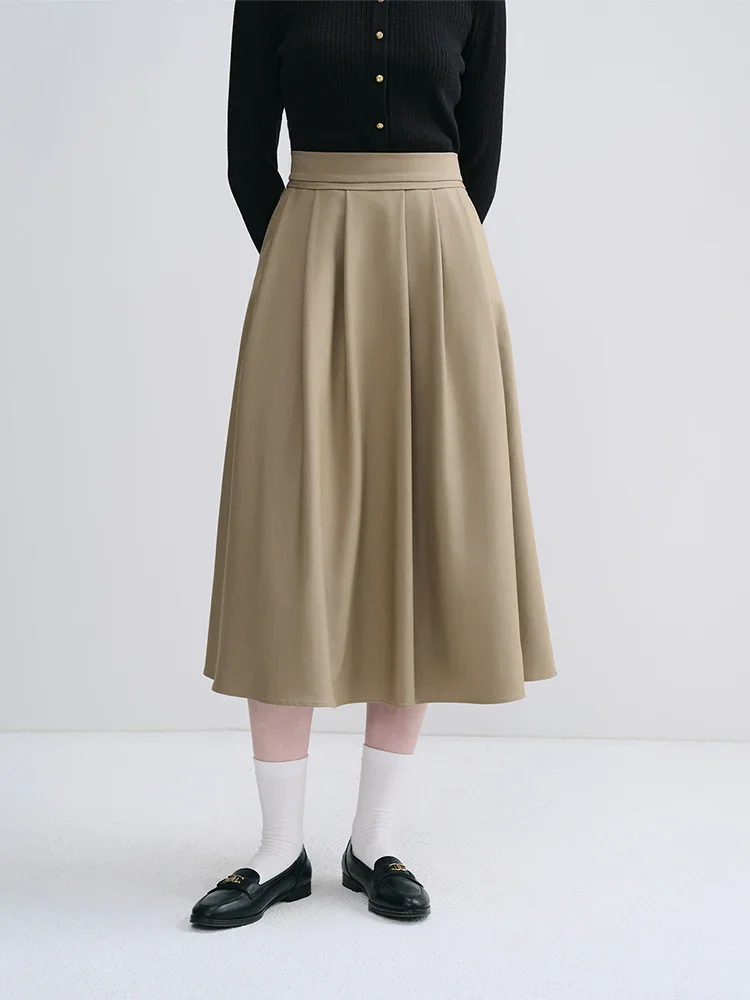 

FSLE Office Lady Dark Khaki Temperament Women Long Pleated Skirts High Waist Solid Zipper Waist Twill Skirt Female A-LINE Skirt