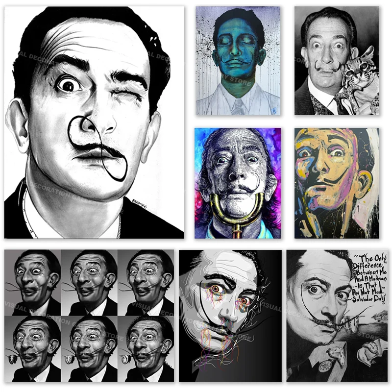 

Modern Black and White Salvador Dali Facial Portrait Canvas Poster Wall Colorful Art Living Room Home Decor Painting Funny Gifts