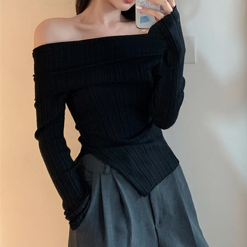 Elegant Slash Neck Sweaters Women Irregular Split Knitted Jumpers Korean Slit Solid Basic Slim Pullovers Autumn Knitwear 26 Mallzona S1ad854fdd86948889d547857fa182808P Elegant Slash Neck Sweaters Women Irregular Split Knitted Jumpers Korean Slit Solid Basic Slim Pullovers Autumn Knitwear Mallzona
