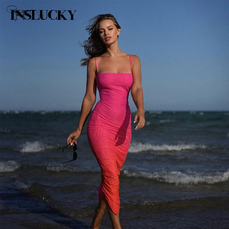 

InsLucky Sexy Beachwear Women's Dress Spaghetti Strap Sleeveless Slim Sheath Tie dye Strapless Midi Dresses Fashion Summer 2024