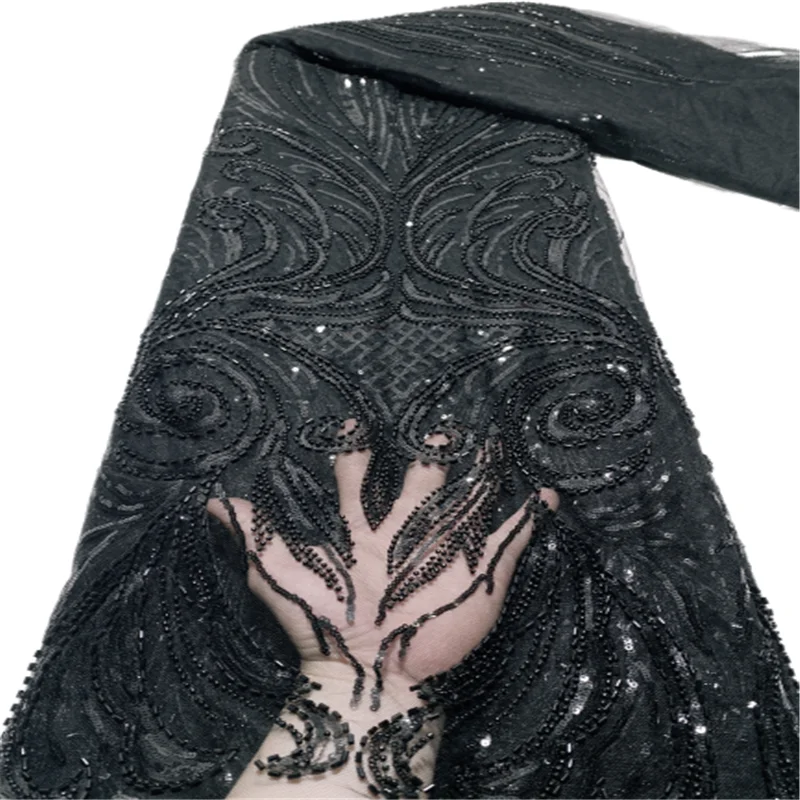 

3D французский тюль, африканская кружевная ткань 2022, высококачественная черная вышивка блестками, нигерийские кружевные ткани 5 ярдов для платья