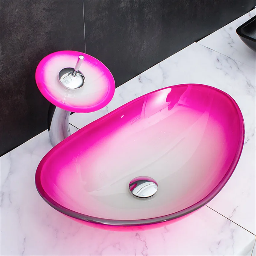

2021 New Pink Unique Tempered Glass Basin Sink Washbasin Faucet Set Bathroom Counter Top Washroom Vessel Vanity Sink Mixer