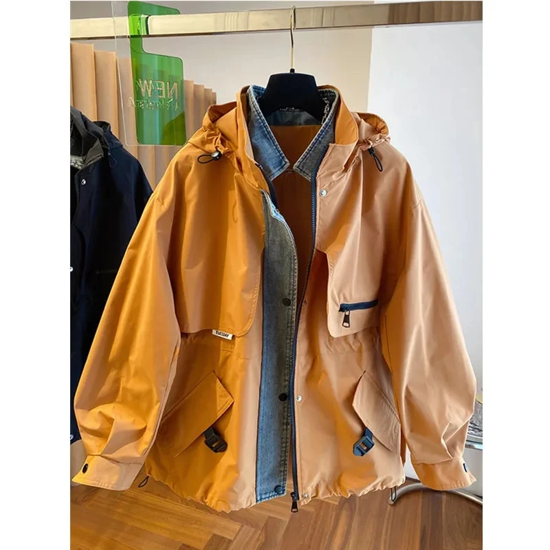 

2024 Spring and Autumn New Korean Version Loose Casual Patchwork Joker Zipper Hooded Drawstring Waist Frock Trench Coat Woman