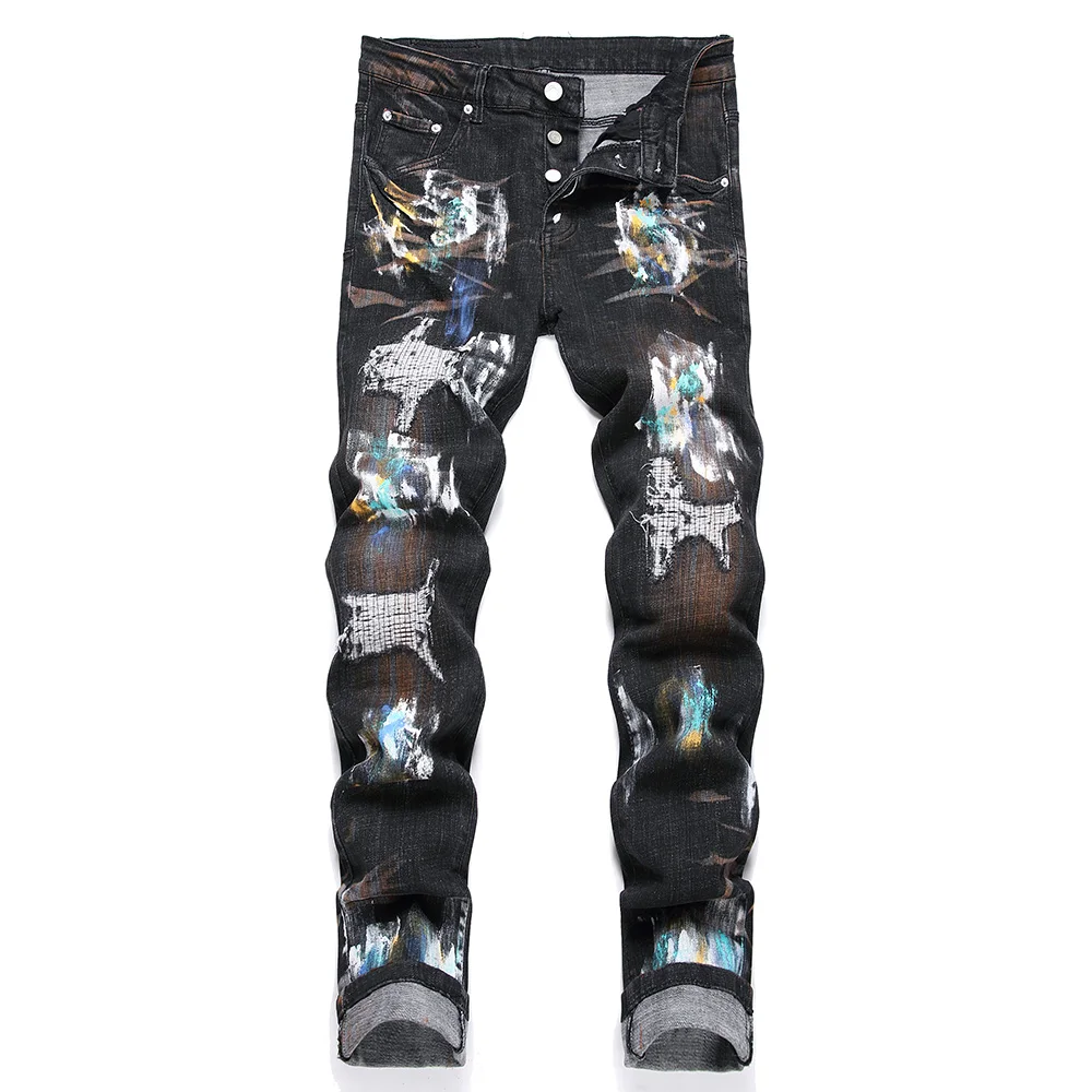 

Men's Painted Denim Jeans Button Fly Patches Patchwork Black Stretch Pants Holes Ripped Distressed Slim Tapered Trousers