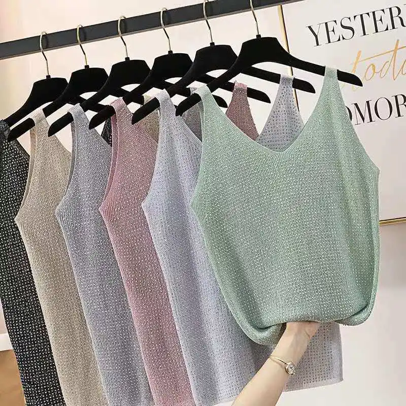 korean Bling Lurex diamond Summer knit Tank Top for Women Cami Sleeveless Knit vest Top White Black Women's loose Camisole tops
korean Bling Lurex diamond Summer knit Tank Top for Women Cami Sleeveless Knit vest Top White Black Women's loose Camisole tops