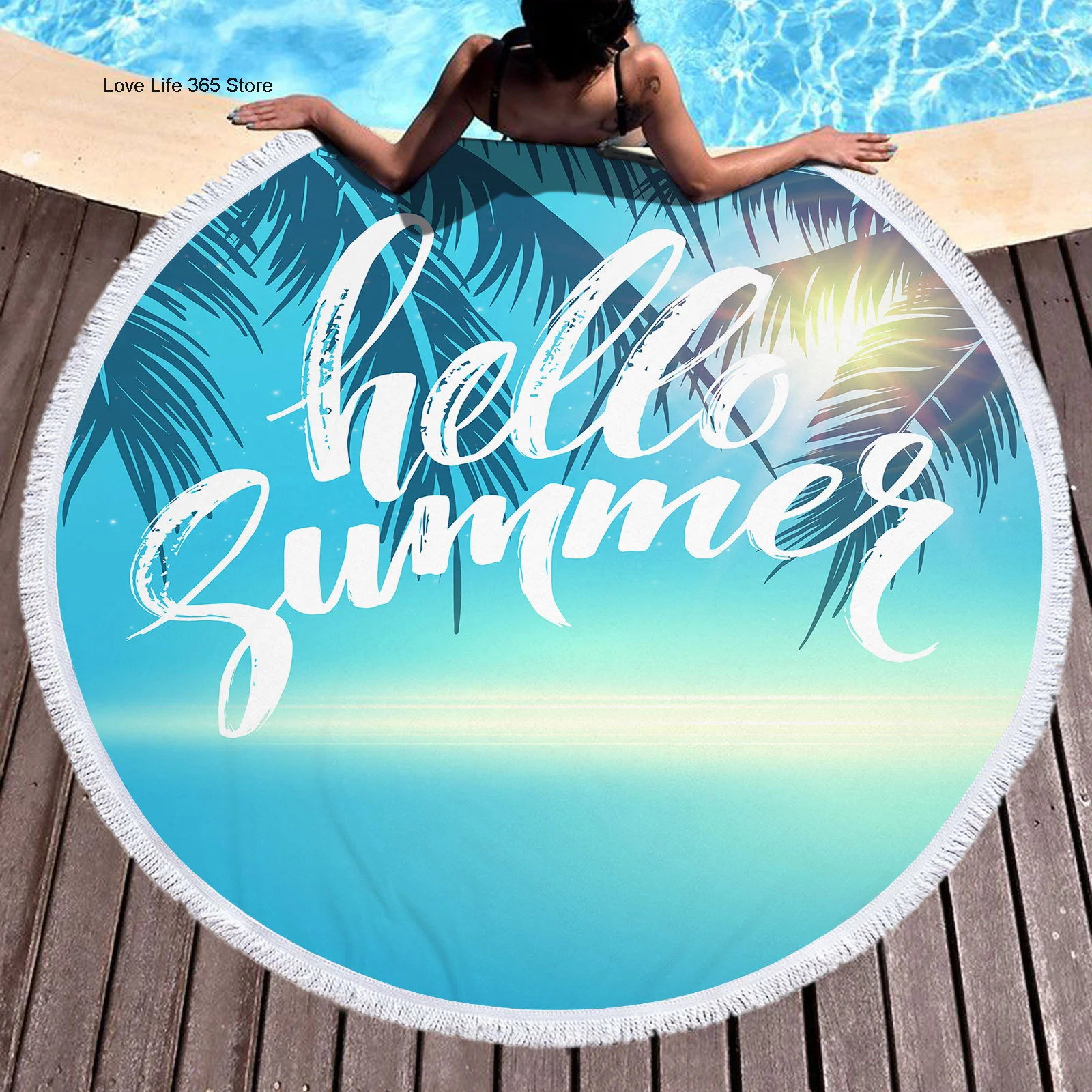 

Hello Summer Round Beach Towels Summer Fashion Thick Bath Towel Microfiber Fabric 150cm Size Swimming Travel Sport Adult Kids