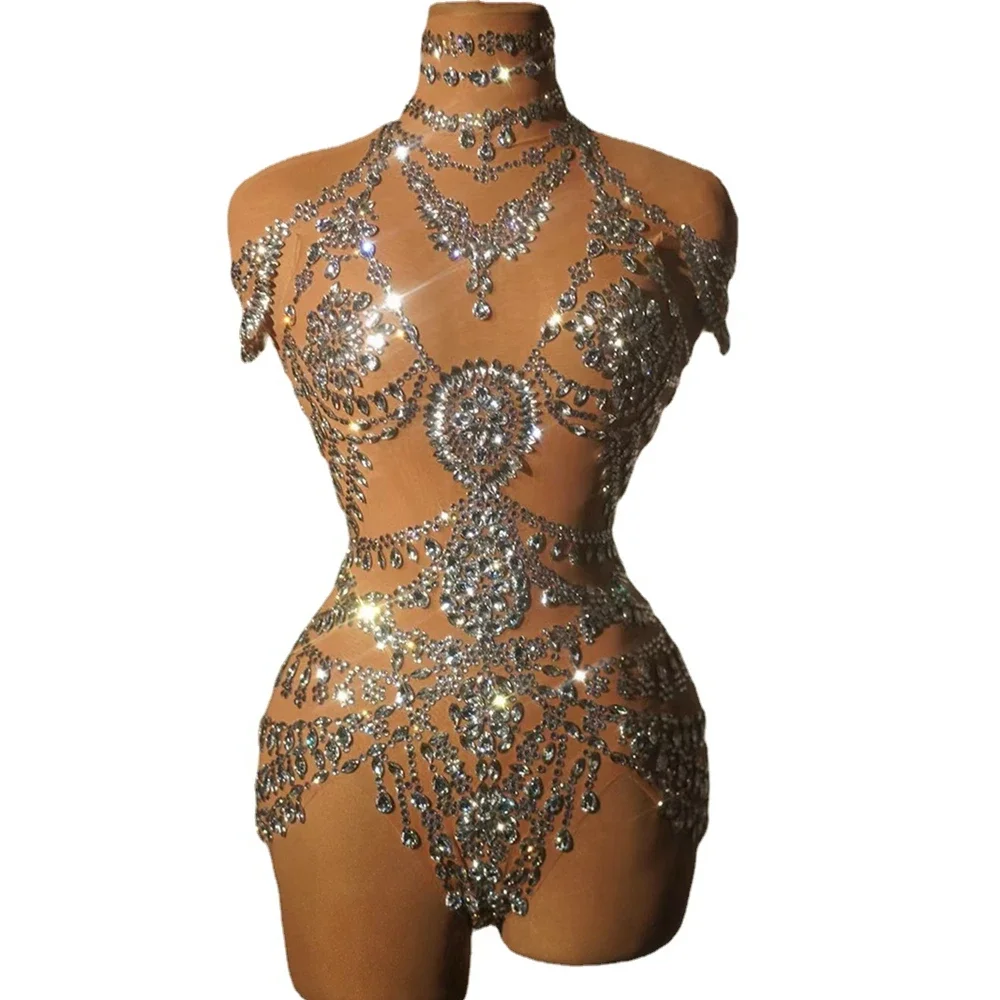 

Luxurious Rhinestones Bodysuit for Women Sexy Mesh Nightclub Dance Leotard Performance Costume Singer Dancer Show Stage Wear