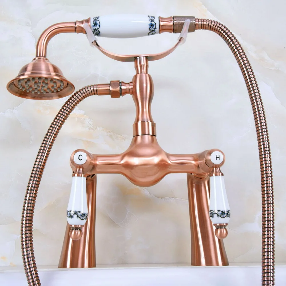 

Antique Red Copper Double Handle Deck Mounted Bathroom Bath Tub Faucet Set with 1.5M Hand Held Shower Spray Mixer Tap 2na172
