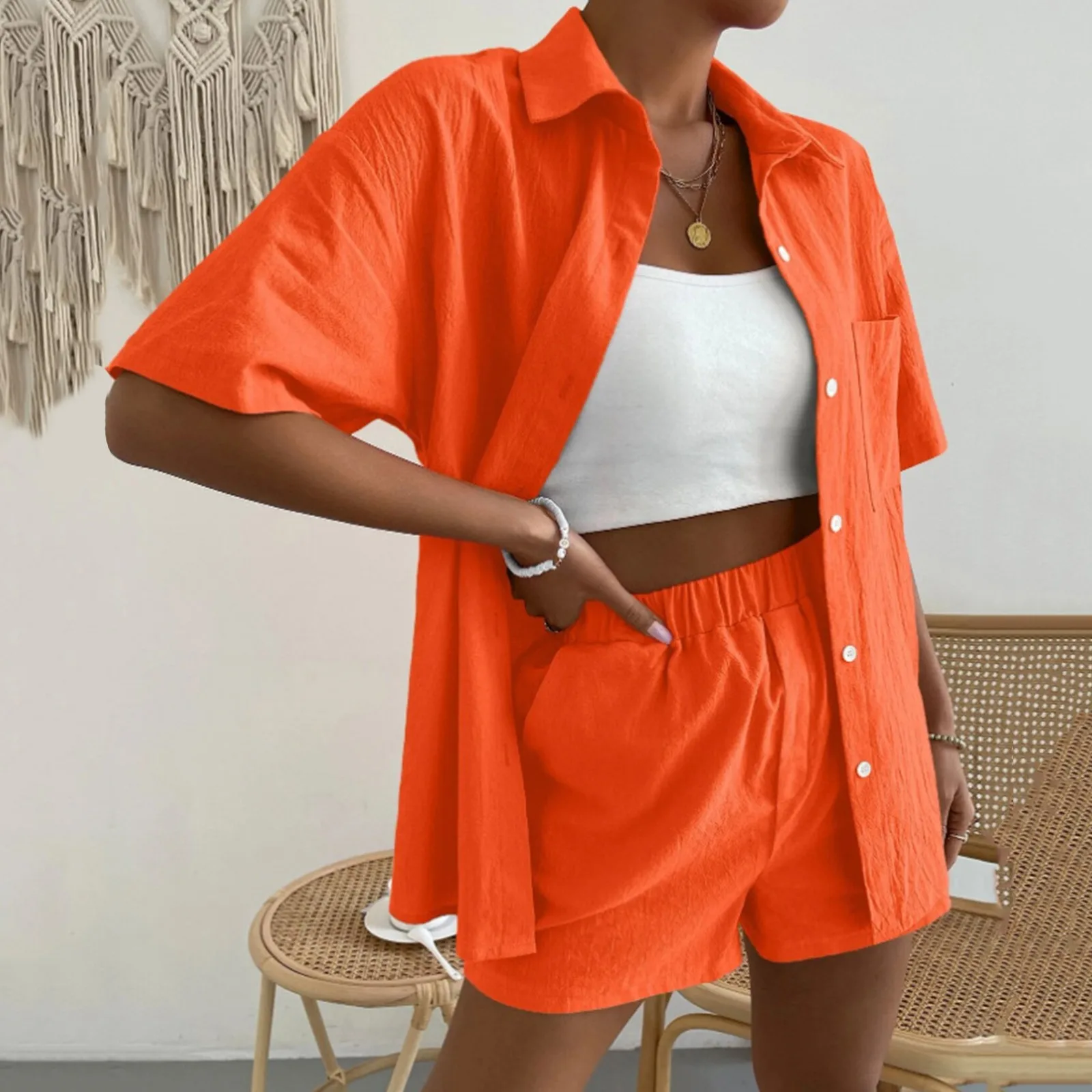 Summer 2 Piece Set Long Sleeve Single-breasted Top + Broad-legged Shorts Pajamas Set Fashion Ladies Sexy Solid Home Suit Outfits
Summer 2 Piece Set Long Sleeve Single-breasted Top + Broad-legged Shorts Pajamas Set Fashion Ladies Sexy Solid Home Suit Outfits