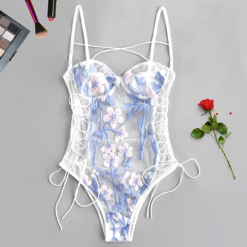 

Hot Embroidered Women's Lace One-piece Bodysuit Underwear with Spaghetti Strap Open Back Sexy Girl Bra Set Temptation Onesie