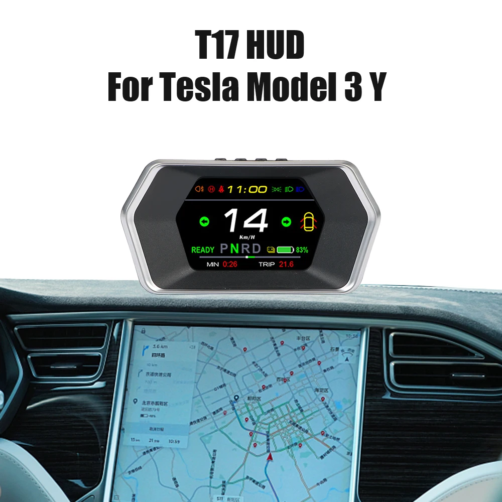 

For Tesla Model 3 Y Speed Indicator T17 Car Smart HUD Gauge Head Up Display Light Prompt Safety Alarm Driving Time Speedometer