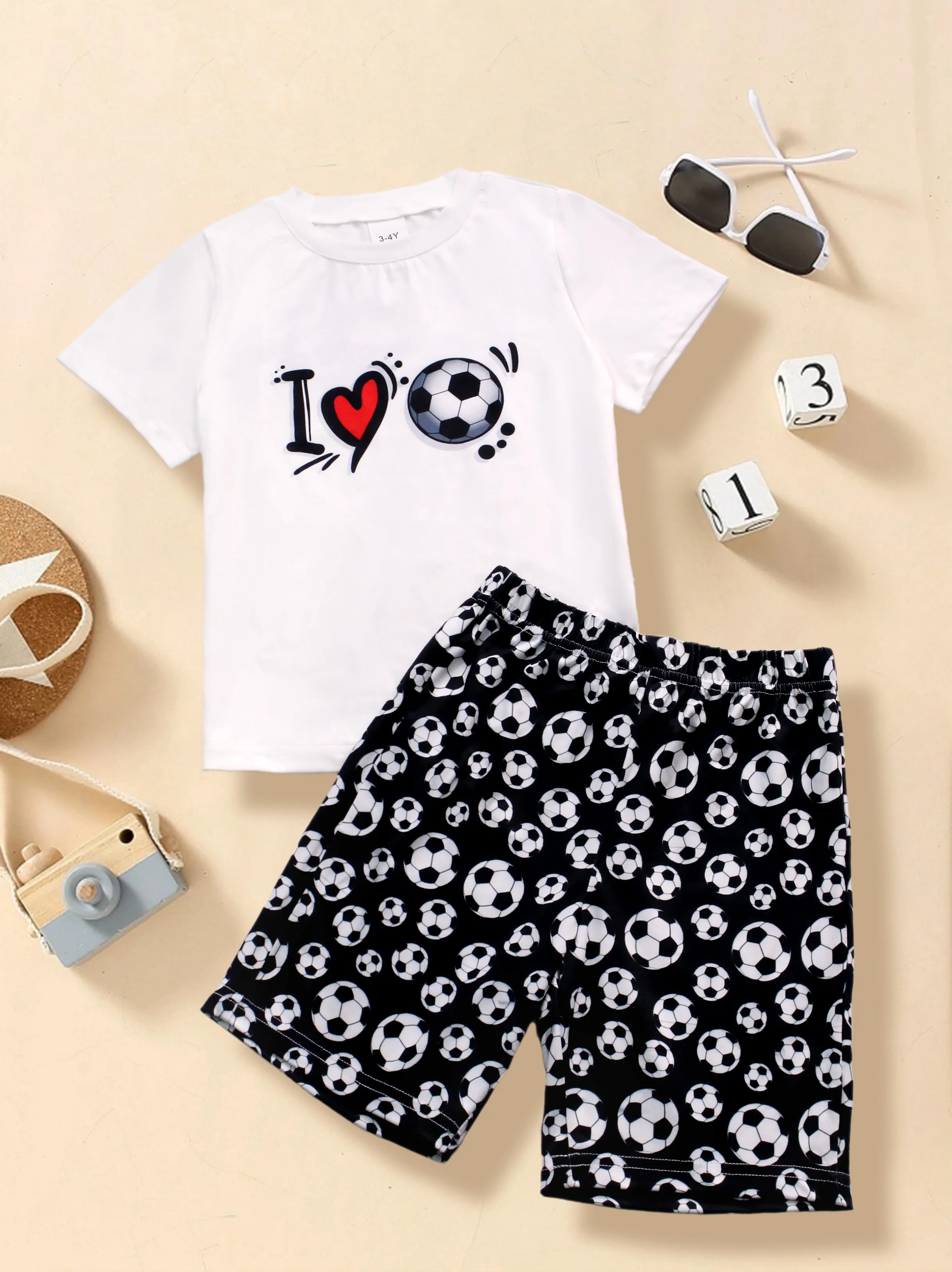 

Boys 2pcs Soccer Pattern Print Summer Loungewear Set, Short Sleeve Crew Neck Top & All-match Short Set, Cool Pattern Comfy PJ Se