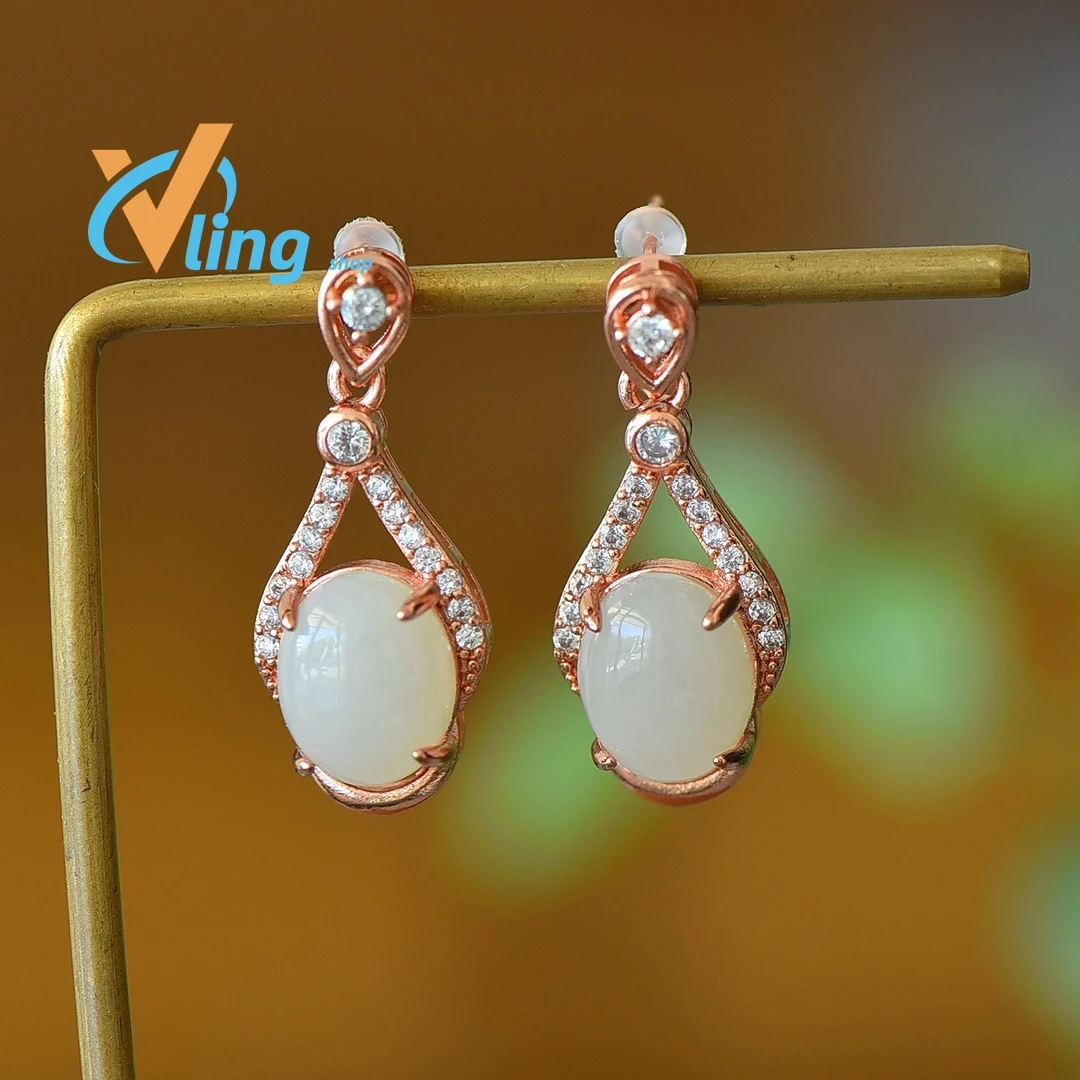 

Individualized high grade copper inlaid with Hotan Jade white jade water drop exquisite earrings Earhook unique temperament
