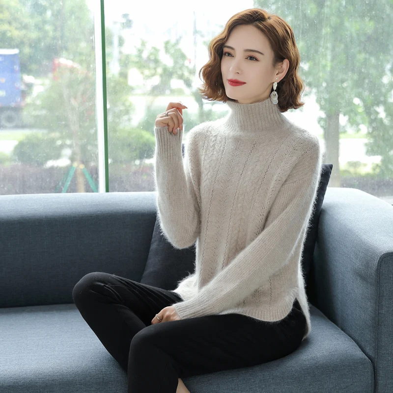 

Autumn and winter new 100% pure mink cashmere sweater women's high-necked hollowed-out twist thickened coat slim bottoming sweat